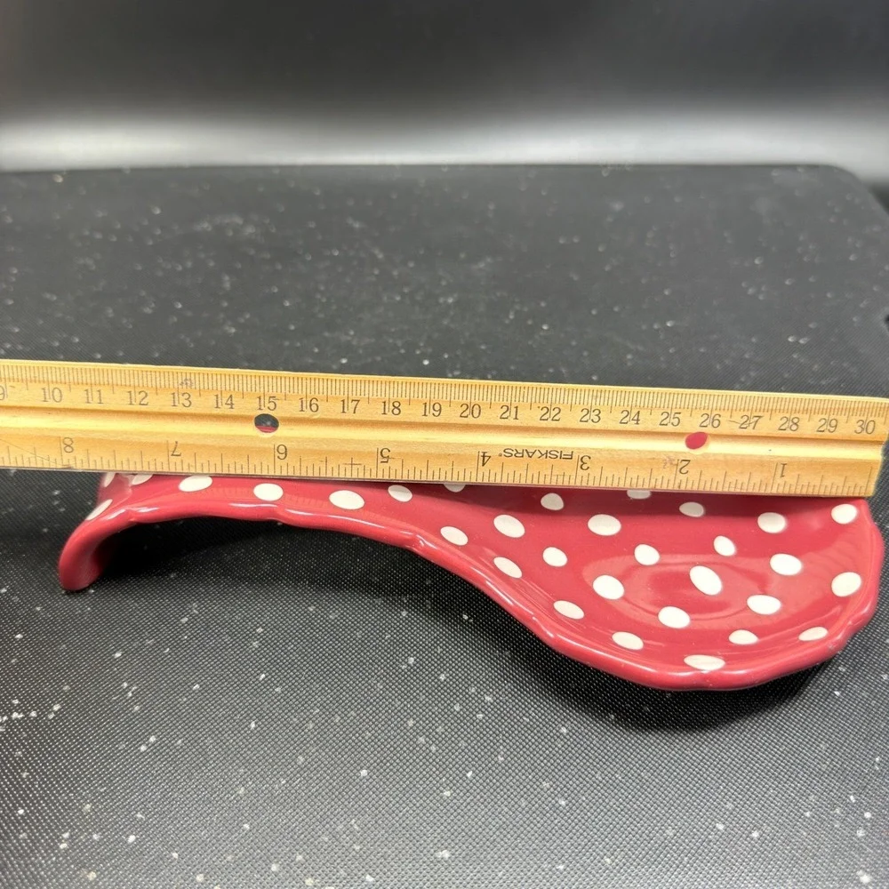 The Pioneer Woman Burgundy Polka Dot Ceramic Spoon Rest Scalloped Edge Stoneware